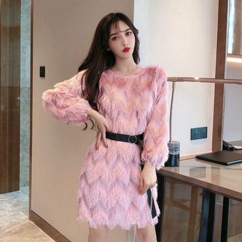 Women's tassel Dress Bow Belt Winter Autumn Long Sleeve High Waist Lady Bodycon Mini bandage Dresses Club Vestido Female LS252 ► Photo 1/6