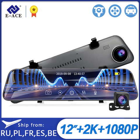 E-ACE A38 12 Inch Touch Car DVR Stream Media Dash Camera Mirror 1440P Video Recorder Dual Len support 1080P Rear view Camera GPS ► Photo 1/6