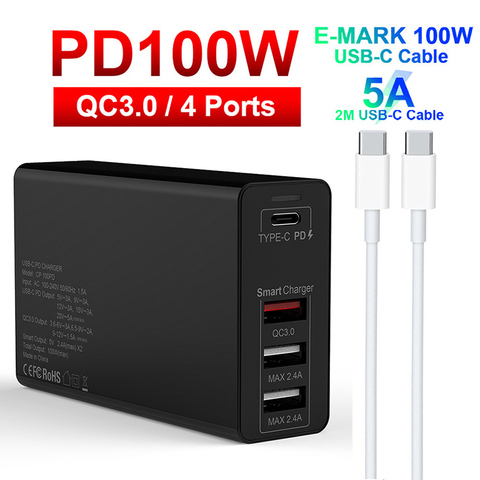 UTBVO 100W 4-port Power Adapter PD100W/65W/45W/18W QC3.0/PPS Charger 5A E-MARK USB C Cable For USB-C Laptops MacBookPro iPhone12 ► Photo 1/6