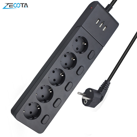 Multiple Power Strip Surge Protection EU Plug Electrical Extension Sockets USB 5 Way Outlets Independent Switch Control 2m Cord ► Photo 1/6