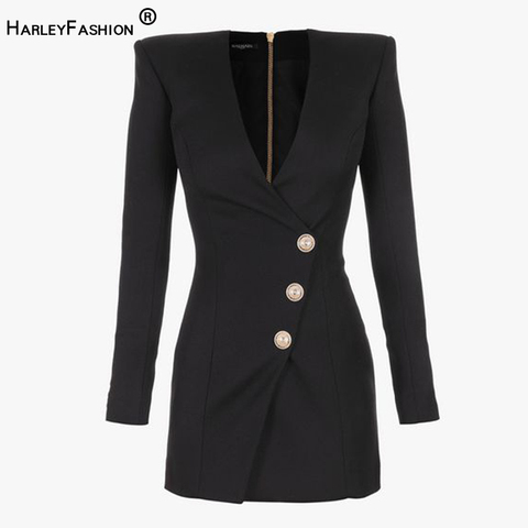 HarleyFashion Quality Long Sleeve Sexy V-neck Slim Staight Sheath Short Black Dress Buttons Women Skinny Dresses ► Photo 1/5