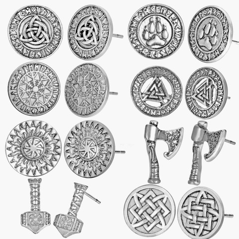 Viking Runes Earings Valknut Trinity Symbols Slavic Kolovrat Star Of Russia Hammer Axe Ear Studs Earings For Women Men ► Photo 1/6