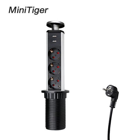 Minitiger 16A PULL POP UP 3 Power Socket 2 USB Charging Port Kitchen Table Desktop Sockets Retractable Countertops EU/FR Plug ► Photo 1/6