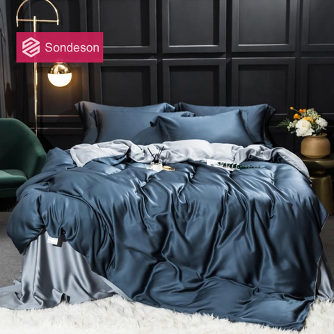 Sondeson Dark Blue 100% Silk Bedding Set 25 Momme Top Grade Silk Duvet Cover Set Flat Sheet Bed Linen Pillowcase Free Sipping ► Photo 1/6