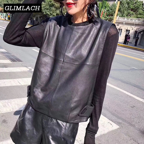 Women Genuine Leather Waistcoat Sheepskin Loose Fit Pullover Sleeveless Jacket Lady Autumn Short Leather Vest Streetwear Tops ► Photo 1/6