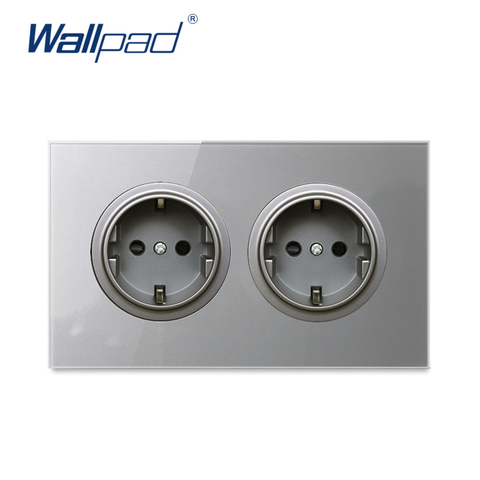 Wallpad Double EU Standard Wall Socket Power Electric Outlet Grey Crystal Tempered Glass Panel 3x6 Frame146mm ► Photo 1/5