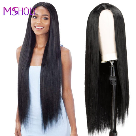 Long Straight Black Wig 30 Inch Synthetic Hair Wig With Bangs Red Burgundy Pink Ombre 613 Blonde Long Hair Wigs for Women Msholy ► Photo 1/6