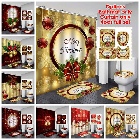 Merry Christmas Shower Curtain Santa Claus Bathroom Set Snowman Bell Pattern Bath Curtains Non Slip Toilet Cover Floor Mat Rug ► Photo 1/6