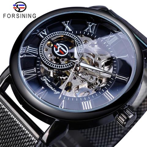 Forsining Retro Fashion Design Skeleton Sport Mechanical Watch Luminous Hands Transparent Mesh Bracelet For Men Top Brand Luxury ► Photo 1/6