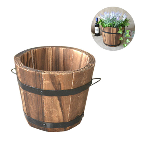 Wooden Round Barrel Planter Flower Pots Home Office Garden Wedding Decor (Flat Mouth/Small/Brown/12x9x10cm) ► Photo 1/6