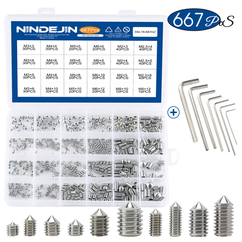 667pcs Hex hexagon socket cone point set screw assortment kit M2 M2.5 M3 M4 M5 M6 M8 304 stainless steel set screw with hex key ► Photo 1/6