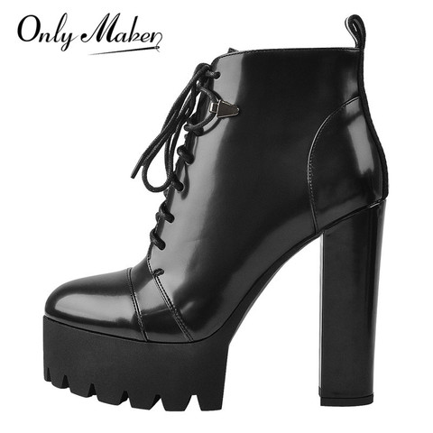 Onlymaker Platform Lace Up Round Toe Black white Patent Leather  Chunky  High Heels Ankle Booties Big Size lady Short Boots ► Photo 1/6