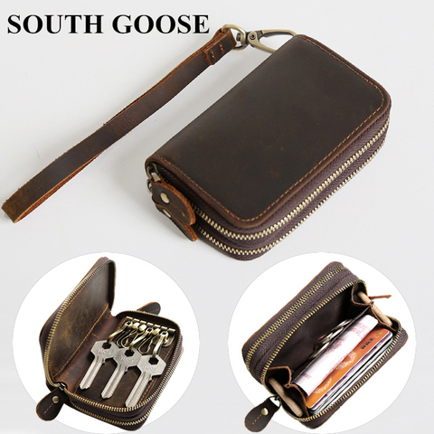 SOUTH GOOSE Genuine Leather Key Wallet Men Retro Car Key Case Cowhide Double Zipper Keys Organizer Coin Pouch Women Housekeeper ► Photo 1/6