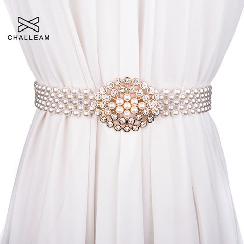 Luxury Women Pearl Belt For Dress Elegant Floral Buckle Full Plastic Pearl Decoration Rhinestone Wedding Belt Elastic Waist 121 ► Photo 1/6