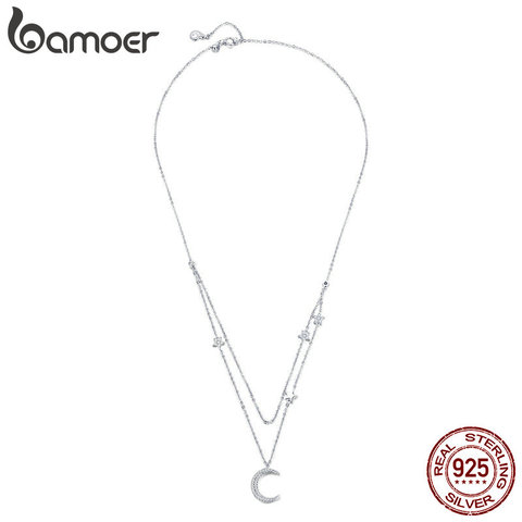 BAMOER Genuine 925 Sterling Silver Moon & Star Double Layers Chain Pendants Necklaces for Women Sterling Silver Jewelry BSN038 ► Photo 1/6