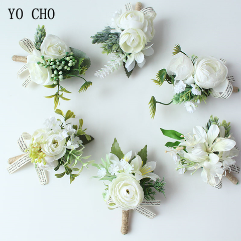 YO CHO Men Boutonniere Buttonhole Rose Brooch Bride Wedding Wrist Corsage Bracelet Groom Ceremony Flower Party Meeting Decor ► Photo 1/6