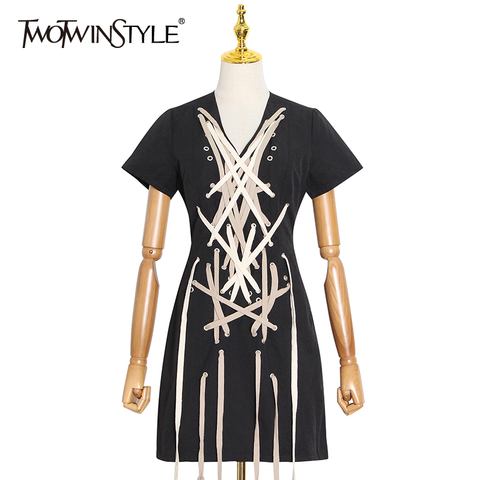 TWOTWINSTYLE Drawstring Cross Bandage Dress For Women V Neck Short Sleeve High Waist Mini Dresses Female 2022 Summer Fashion New ► Photo 1/6