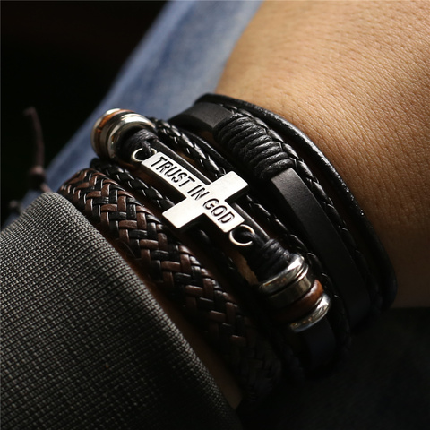 3 Pcs/Set Leather Bracelets Men Bangles For Women Wood Beads Feather TRUST IN GOD Cross Charm Homme Gift Jewelry Freely Shipping ► Photo 1/6