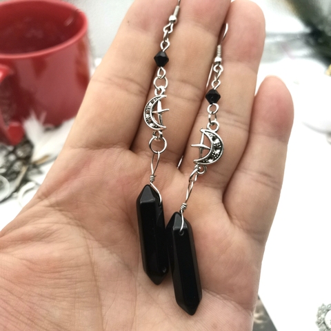 Witch Quartz Crystal Crescent Earrings, Gothic Mermaid Day Wedding, Mysterious Bohemian Crystal Accessories, Jewelry Earrings ► Photo 1/2