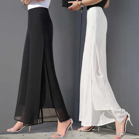 2022 Chiffon Culottes High-Waisted Trousers L Skirt Gauze Loose Shuai Ku Straight Casual Pants Slit Wide Leg Pants Female ► Photo 1/5