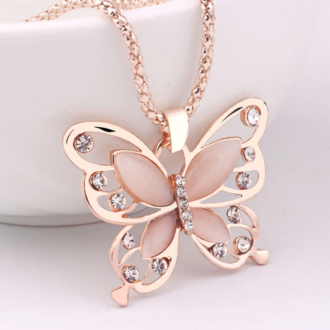 Flawless Women Lady Necklace Choker Pendent Rose Gold Opal Butterfly Pendant Exquisite Necklace Sweater Chain Christian Gift ► Photo 1/6