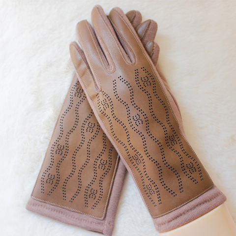 Women Winter Fashion Leather Fabric Keep Warm Gloves Personality Pattern Drive Windproof Thin Section Lattice Elegant Gloves ► Photo 1/6