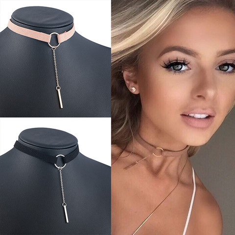 90'S Punk New Fashion 4 Colors Leather Choker Necklace Gold Color Geometry With Round Pendant Collar Necklace For Women Girls ► Photo 1/6