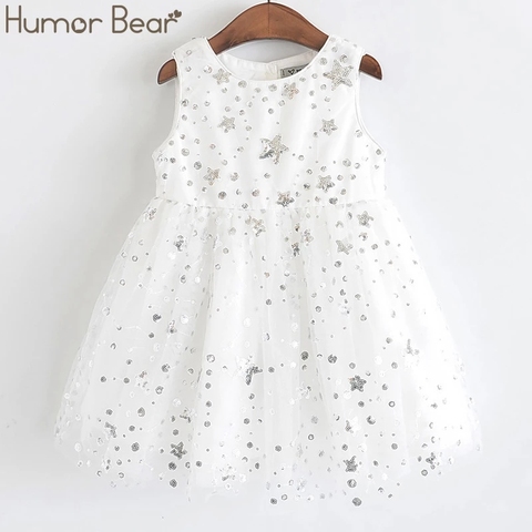 Humor Bear Baby Gril Clothes 2022 Summer Sleeveless Star Sequins New Children Dress Sweet Party Mesh Princess Dress Kids Dress ► Photo 1/6