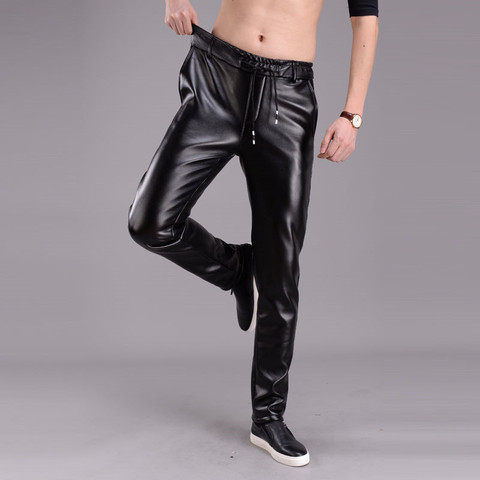 Spring Summer Men Leather Pants Elastic High Waist Lightweight