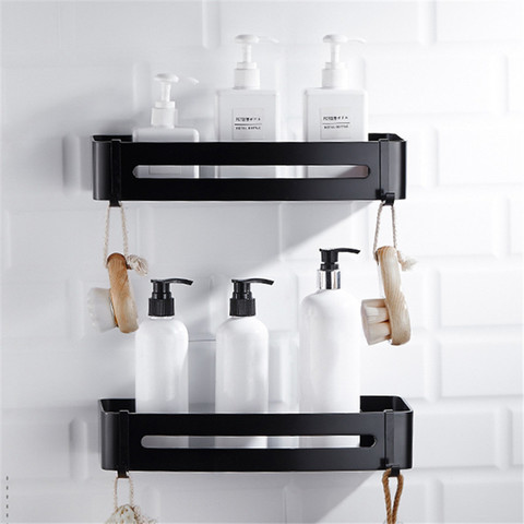 LIUYUE Bathroom Shelves Black Aluminum Bathroom Square Holder Hooks Wall Mounted Shampoo Shelf Cosmetic Shelves Storage Rack ► Photo 1/6