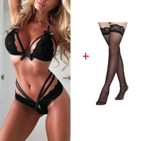 Erotic Sexy Lingerie Set Lace Straps Push Up Bra Polyester Nightwear Stockings + Underwear Women Set Lencería Sexy Sleep Tops ► Photo 1/6