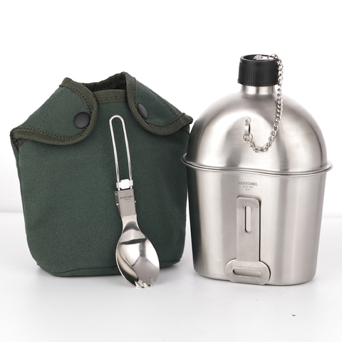 Rover Camel US Army Stainless Steel Canteen Military kettle/Cup and Titanium spork set with Green Nylon Cover for Camping Hiking ► Photo 1/6