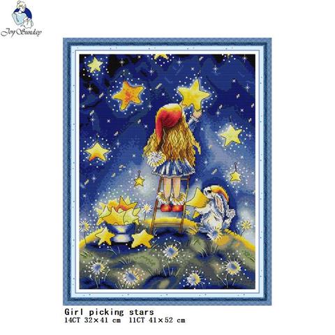 Girl picking stars DIY hand counted cross stitch kit DMC 11ct 14ct canvas printing cross stitch needlework embroidery set crafts ► Photo 1/6