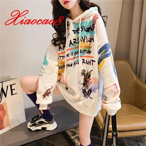 Plus Size Sweatshirt Women Print Letter Hoodies for Teen Girls Long Sleeve Cotton Streetwear Pullovers Femme Oversized Tops ► Photo 1/6