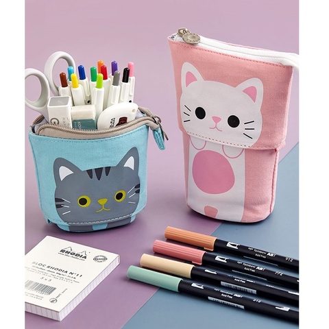 Angoo [Fun] Pen Pencil Bag Case, Cartoon Cute Cat Bear Sheep Canvas Fold Standing Holder Stationery Organizer Kids Gift A6445 ► Photo 1/6