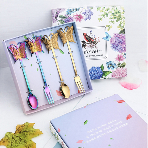 4PCS New Butterfly Tea-Spoon and fork Creative Bar Tableware Stainless steel dessert coffee Spoon Christmas gift ► Photo 1/6