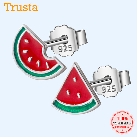 Trusta 100% 925 Real Sterling Silver Jewelry Fashion Tiny Asymmetric Summer Watermelon Stud Earrings For Daughter Girls DS572 ► Photo 1/6