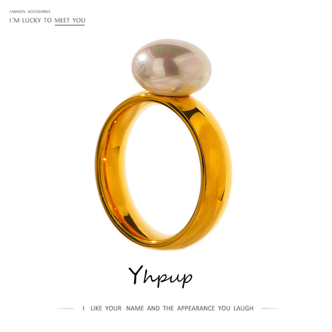 Yhpup Elegant Shell Pearl Ring Fashion Gold Stainless Steel Metal 18 K Geometric Ring Jewelry for Women Engagement Ring 2022 ► Photo 1/6