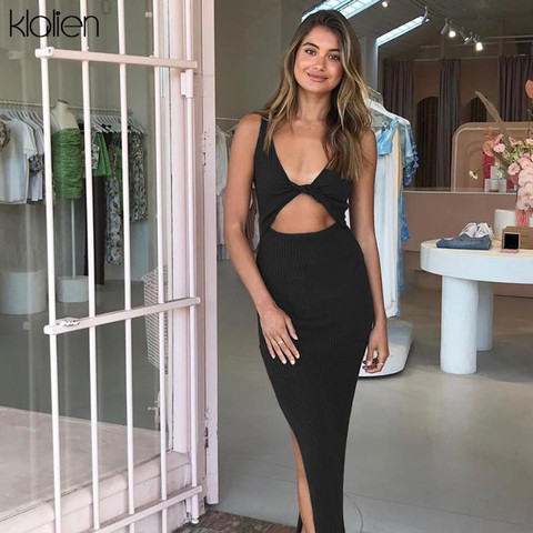 KLALIEN spring summer sexy backless fashion simple black rib knitting maxi dress office lady streetwear casual women's clothes ► Photo 1/6