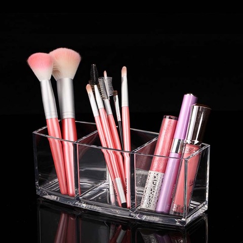 3 Compartment Clear PS Makeup Brush Tool Cosmetic Makeup Storage Box Case Make-up Brush Holder Table Organizer Make Up Tool ► Photo 1/6