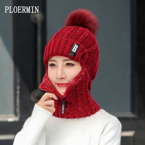 Women Wool Knitted Hat Ski Hat Sets For Female Windproof Winter Outdoor Knit Warm Thick Siamese Scarf Collar Warm Hat Girl Gift ► Photo 1/6