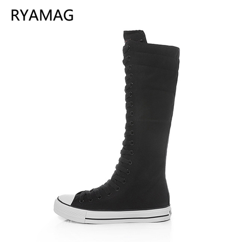 Ryamag 2022 New Women's Canvas Boots Long Boots Zip Shoes Flats Casual High Top Lace-Up Zipper Comfortable Vulcanize Sneakers ► Photo 1/6