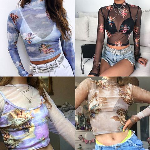 Womens Summer Long Sleeves Mock Neck Crop Top Romantic Colored Angel Cupid Printed T-Shirt See Through Mesh Party Club  4 ► Photo 1/6