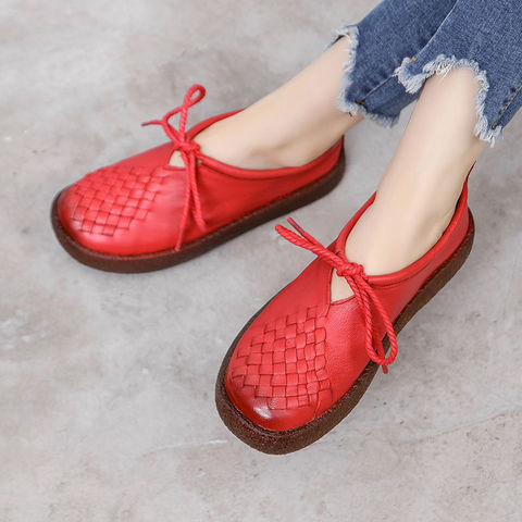 2022 Red Genuine Leather Lace Up Flats Women Black Woven Braided Loafers Designer Women's Braids Shoes High Quality Fancy Flats ► Photo 1/6