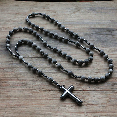 6mm Lapis Lazuli stone bead & Hematite cross pendant necklace for Men Women Catholic Christ Rosary Cross Pendant Drop shipping ► Photo 1/1