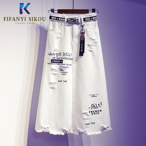 Womens Plus Size 5XL Denim Skirt 2022 Fashion Print High Waist Skirts Women Spring Summer Mid Long White Jean Skirts With Belt ► Photo 1/6