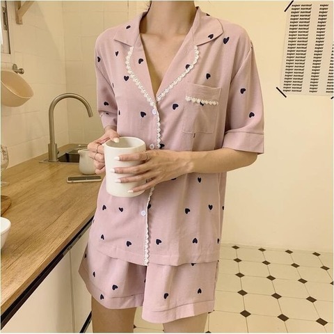 QWEEK Pajamas for Women Home Clothes Pijamas Ladies Heart Print Nightie Lounge Wear Sexy Sleepwear Two Piece Set Pyjamas Summer ► Photo 1/6