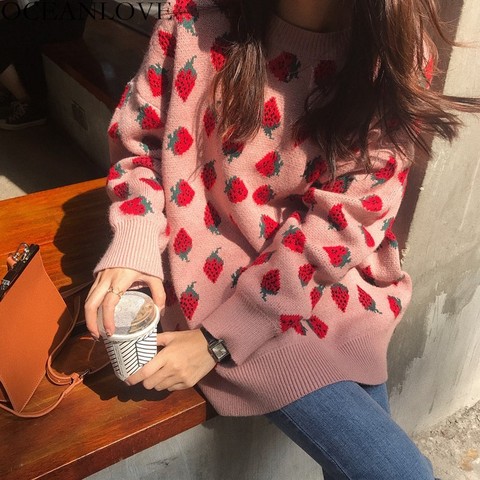 OCEANLOVE Sweet Women Sweaters Strawberries Print Long Pullovers Tops 2022 Autumn Winter Loose Sueter Mujer Girls Knitwear 12498 ► Photo 1/5