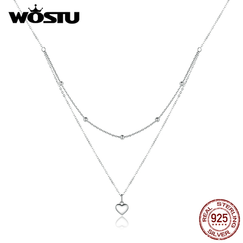 WOSTU Silver Simple Heart Necklace 925 Sterling Silver Double Layer Pendant 50 cm Long Chain Link For Women Jewelry Gifts CTN168 ► Photo 1/6