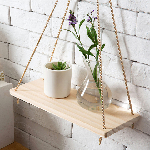 Wood Swing Hanging Rope Wall Mounted, Wooden Wall Plant Pot Holder